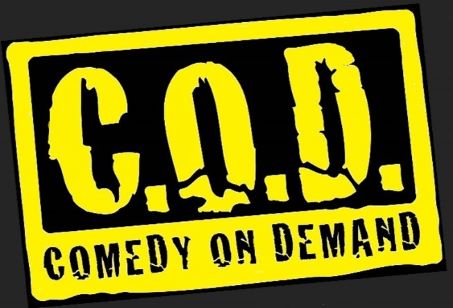 A yellow stamped logo reading C.O.D.: Comedy on Demand